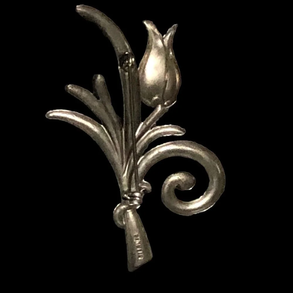 Sterling Silver Tulip Flower Ribbon Brooch Pin Signed Jewelry Art Deco